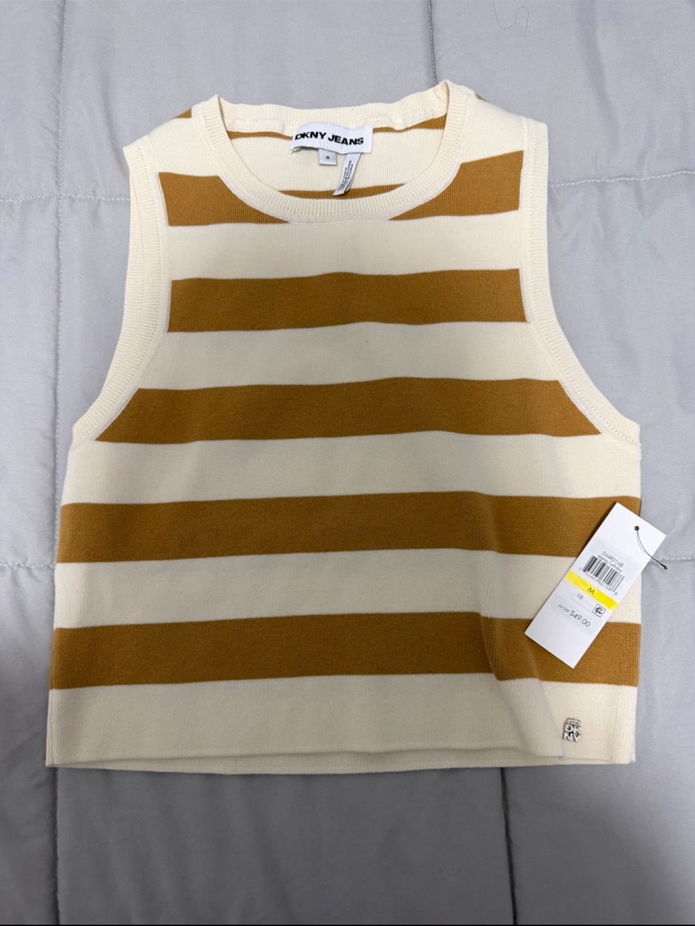 NWT DKNY Jeans Striped Sweater Tank Top Camel Brown Cream Sleeveless